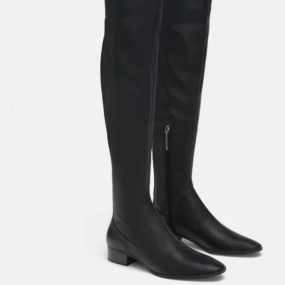 Zara Thigh High Studded Faux Leather Boots Black Low Heel - Picture 4 of 6